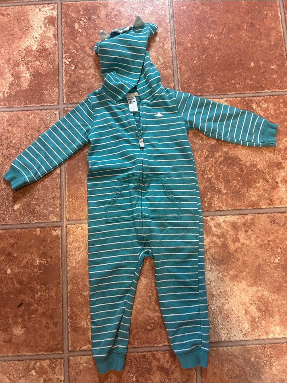 Carter's Teal and White Striped Hooded One-Piece with Dino Spines